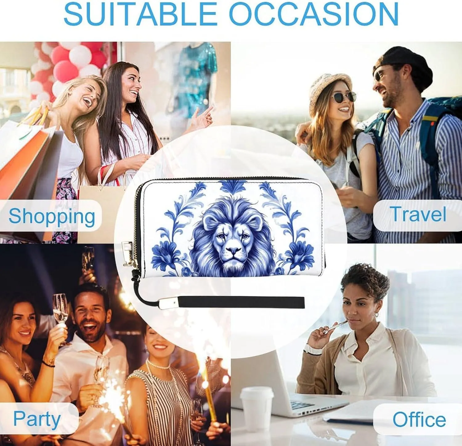 Blue Chinoiserie Florals Lion Shield PU Leather Clutch Long Bifold Wallet, Coin Purse Credit Pass Case, Durable Card-Holder Money Storage for Women Men