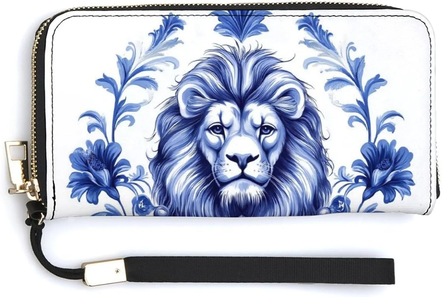 Blue Chinoiserie Florals Lion Shield PU Leather Clutch Long Bifold Wallet, Coin Purse Credit Pass Case, Durable Card-Holder Money Storage for Women Men