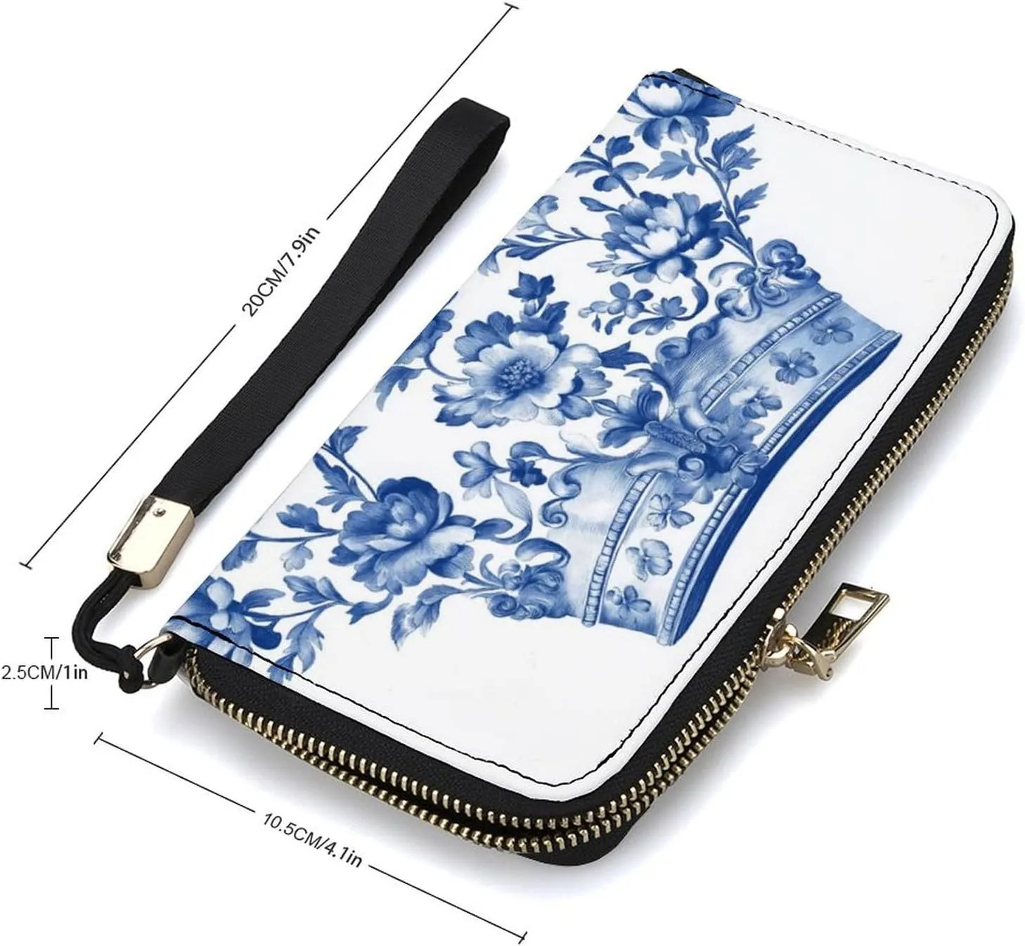 Blue Chinoiserie Florals Queens Crown PU Leather Clutch Long Bifold Wallet, Coin Purse Credit Pass Case, Durable Card-Holder Money Storage for Women Men