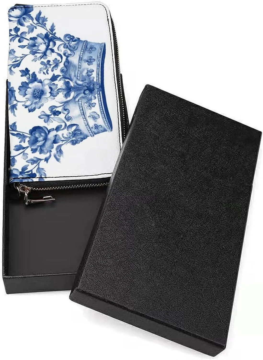 Blue Chinoiserie Florals Queens Crown PU Leather Clutch Long Bifold Wallet, Coin Purse Credit Pass Case, Durable Card-Holder Money Storage for Women Men