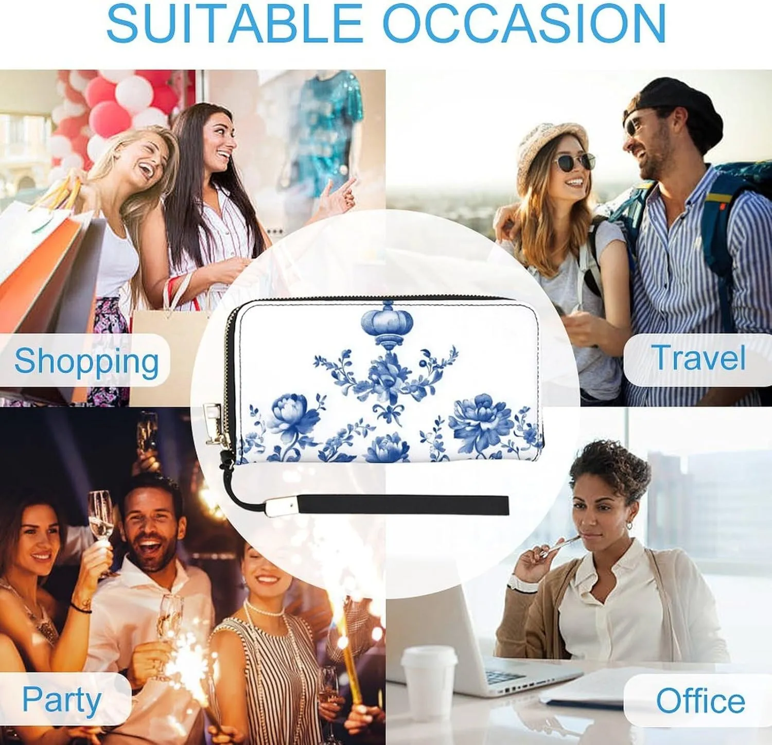 Blue Chinoiserie Florals Queens Crown PU Leather Clutch Long Bifold Wallet, Coin Purse Credit Pass Case, Durable Card-Holder Money Storage for Women Men