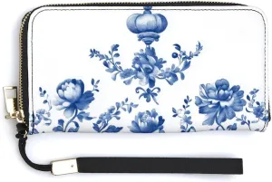 Blue Chinoiserie Florals Queens Crown PU Leather Clutch Long Bifold Wallet, Coin Purse Credit Pass Case, Durable Card-Holder Money Storage for Women Men