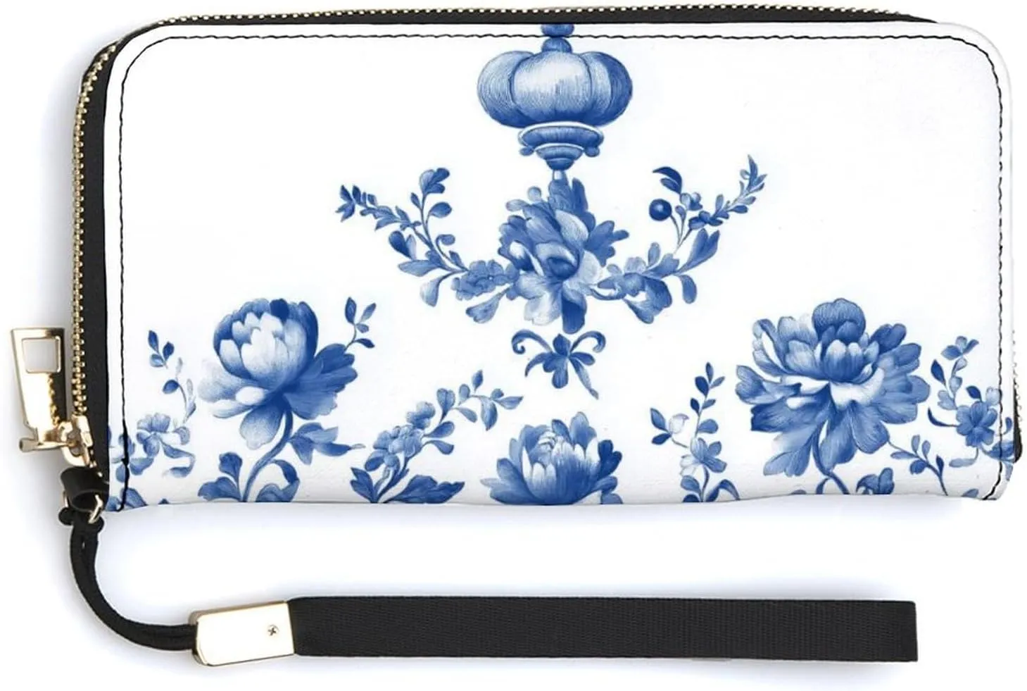 Blue Chinoiserie Florals Queens Crown PU Leather Clutch Long Bifold Wallet, Coin Purse Credit Pass Case, Durable Card-Holder Money Storage for Women Men