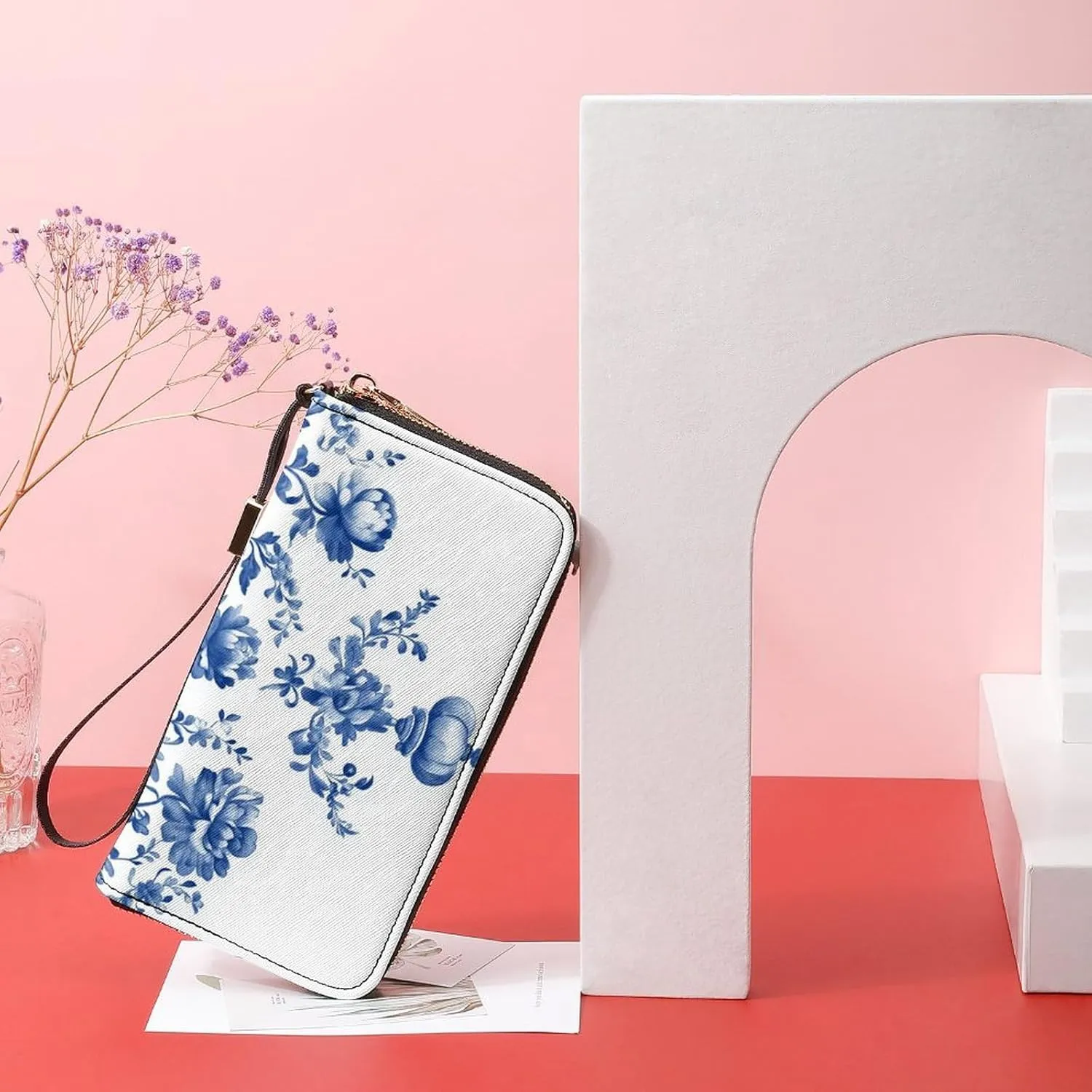 Blue Chinoiserie Florals Queens Crown PU Leather Clutch Long Bifold Wallet, Coin Purse Credit Pass Case, Durable Card-Holder Money Storage for Women Men