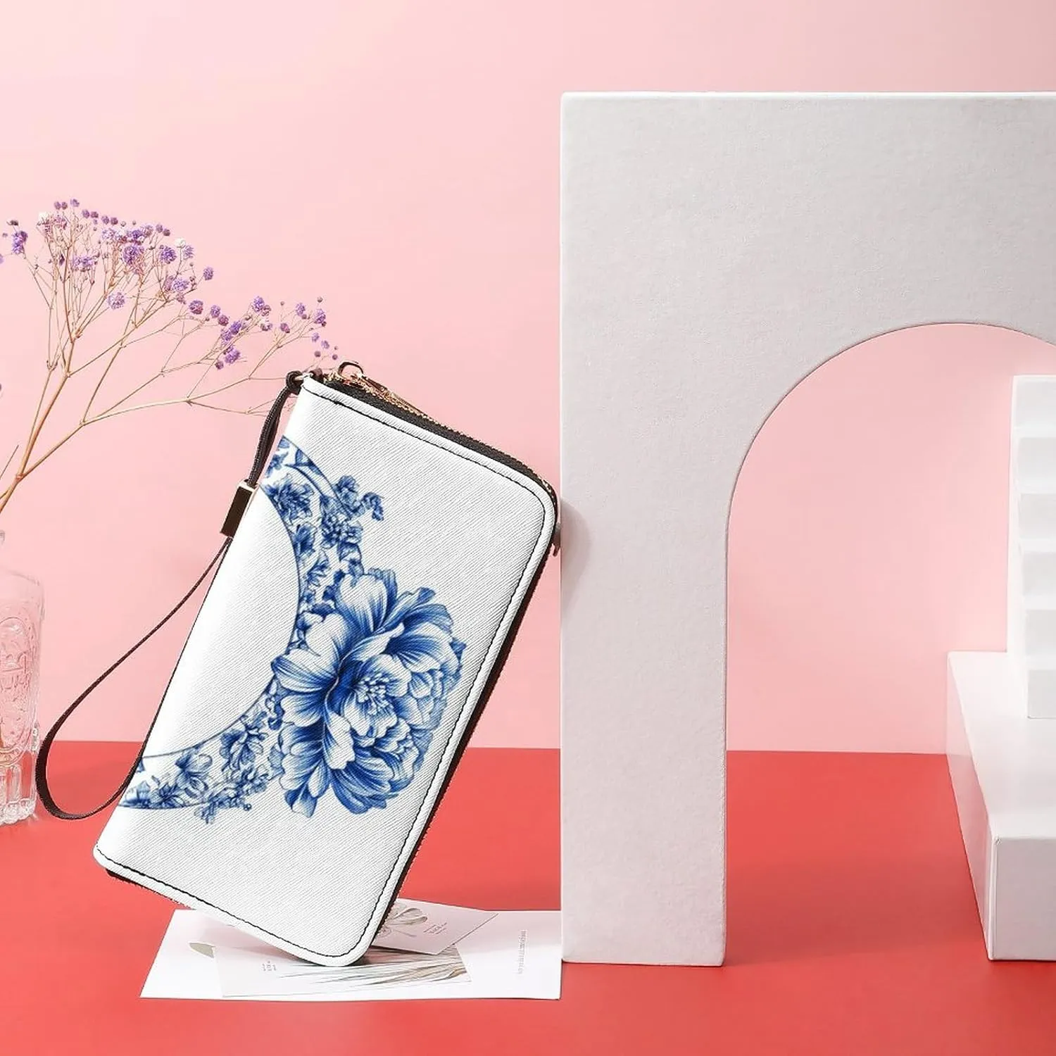Blue Chinoiserie Florals Ring PU Leather Clutch Long Bifold Wallet, Coin Purse Credit Pass Case, Durable Card-Holder Money Storage for Women Men