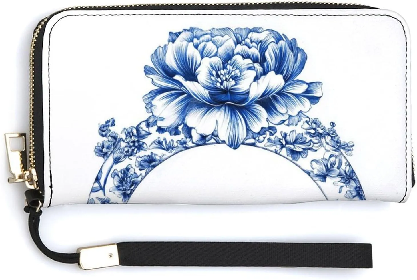Blue Chinoiserie Florals Ring PU Leather Clutch Long Bifold Wallet, Coin Purse Credit Pass Case, Durable Card-Holder Money Storage for Women Men