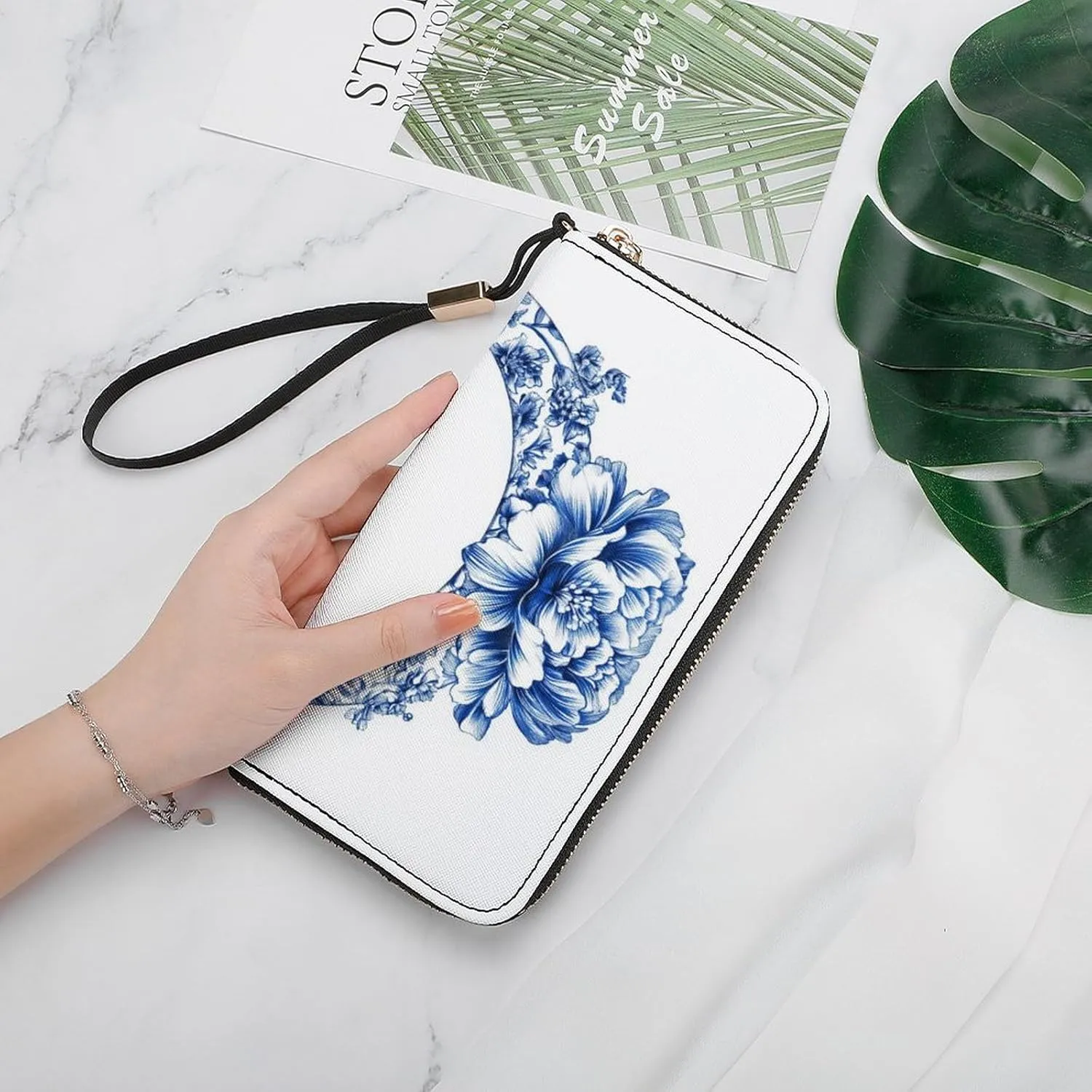 Blue Chinoiserie Florals Ring PU Leather Clutch Long Bifold Wallet, Coin Purse Credit Pass Case, Durable Card-Holder Money Storage for Women Men