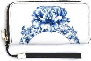 Blue Chinoiserie Florals Ring PU Leather Clutch Long Bifold Wallet, Coin Purse Credit Pass Case, Durable Card-Holder Money Storage for Women Men