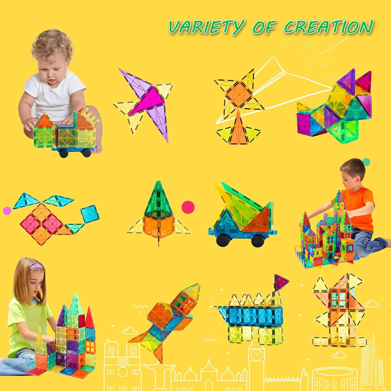 Bmag 100PCS Magnet Building Blocks with 2 Carsfor Kids, Magnetic Tiles Stacking Building Set for Boys Girls, STEM Preschool Educational Learning Construction Toy