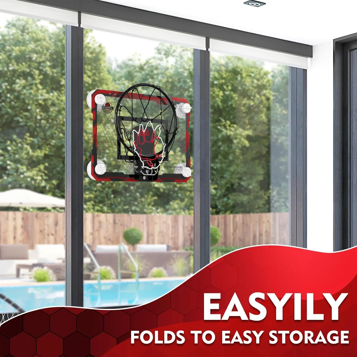 BOHEN Indoor Mini Basketball Hoops with Powerful Suction Cup, Stick to Windows, Wooden Doors, Smooth Walls - Basketball Backboard Toy Indoor Bedroom Office for Kids Teens Adults