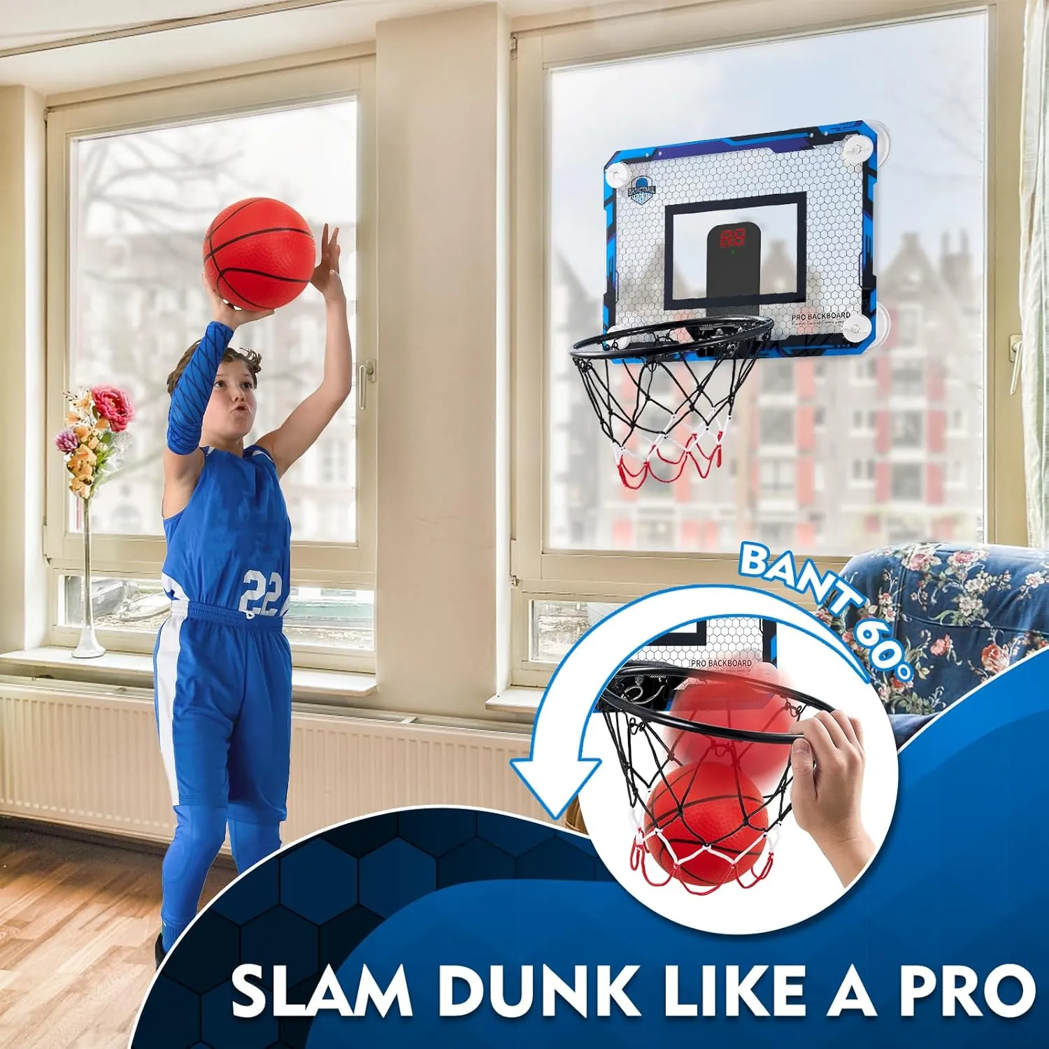 BOHEN Indoor Mini Basketball Hoops with Powerful Suction Cup, Stick to Windows, Wooden Doors, Smooth Walls - Basketball Backboard Toy Indoor Bedroom Office for Kids Teens Adults