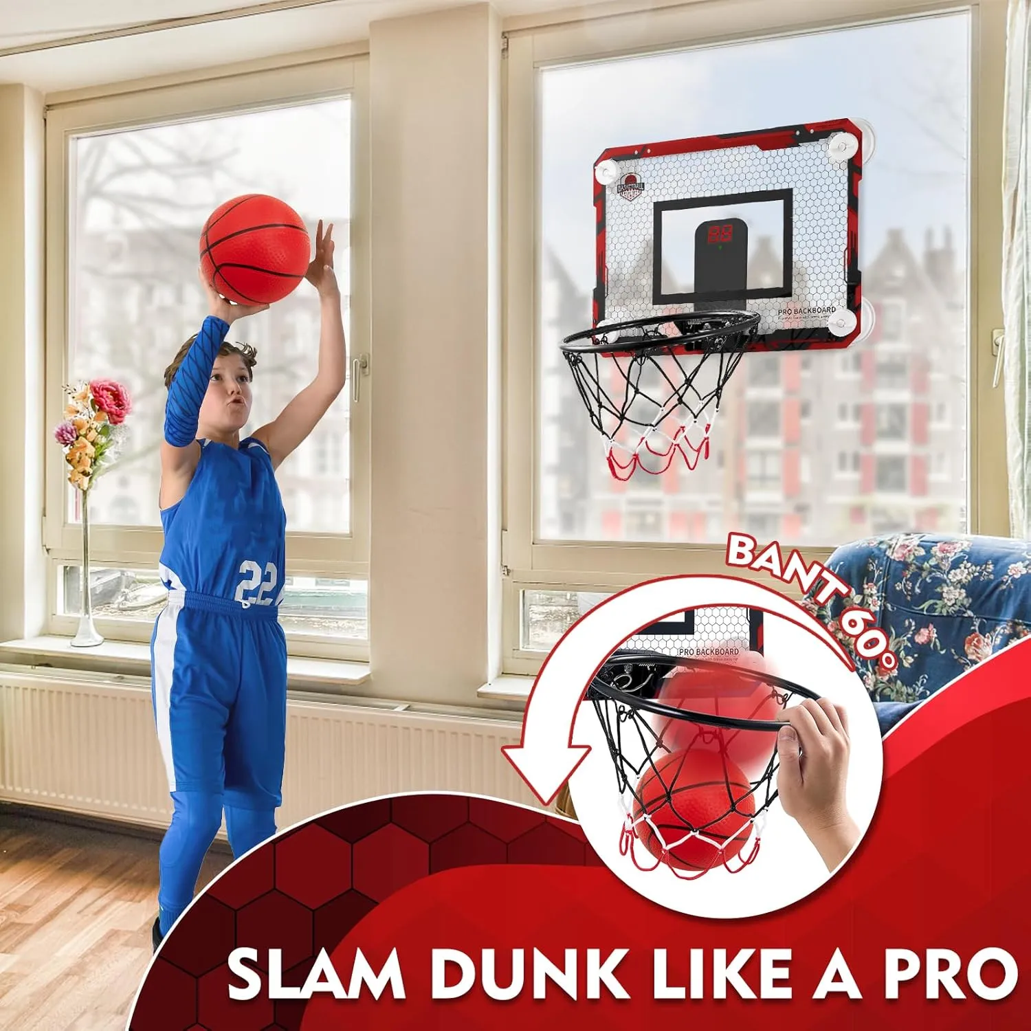 BOHEN Indoor Mini Basketball Hoops with Powerful Suction Cup, Stick to Windows, Wooden Doors, Smooth Walls - Basketball Backboard Toy Indoor Bedroom Office for Kids Teens Adults