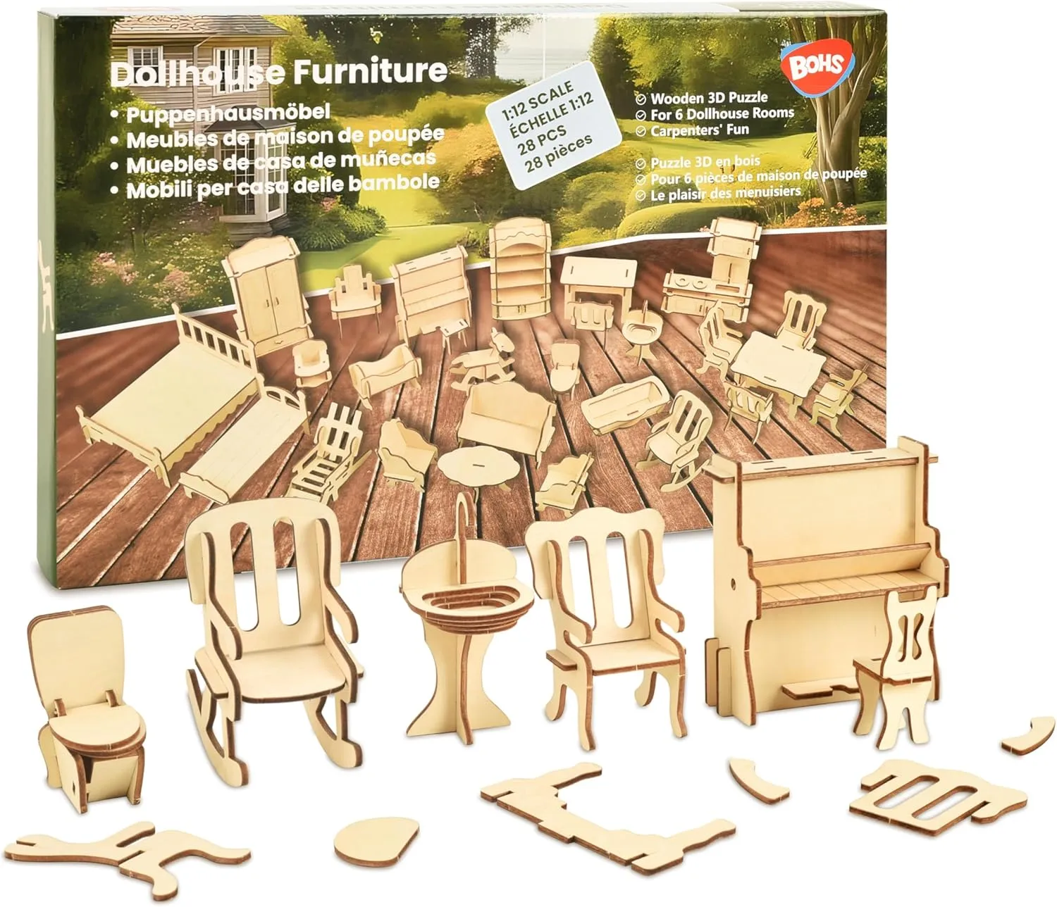 BOHS Wooden Dolls House Furniture 1/12 Scale - 3D Puzzles for Miniature Dollhouse Furniture Accessories - Large,28 PCS