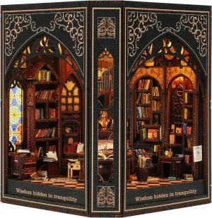 Book Nook Kit – 3D Wooden Puzzle Miniature Dollhouse, DIY Craft for Teens and Adults, Vintage Design with LED Lights and Touch Switch（Classical Library）