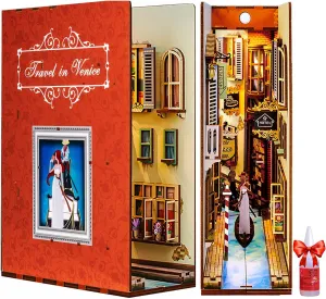 Book Nook Kit DIY 3D Wooden Puzzles Dollhouse Bookshelf Insert Diorama Decor Alley Venice's Travel Personalized Assembled Bookends Build-Creativity Kit with LED Light for Teens and Adults