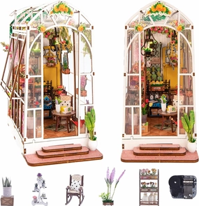 Book Nook Kit, Christmas Book Nook Kits for Adults DIY Miniature House Kit with LED Lights 9.1" Garden House 3D Puzzles Wooden Booknook Bookshelf Insert Decor