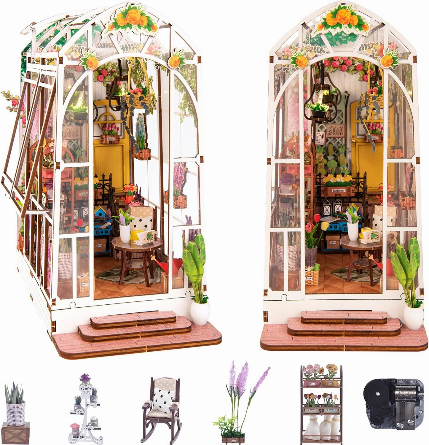 Book Nook Kit, Christmas Book Nook Kits for Adults DIY Miniature House Kit with LED Lights 9.1" Garden House 3D Puzzles Wooden Booknook Bookshelf Insert Decor