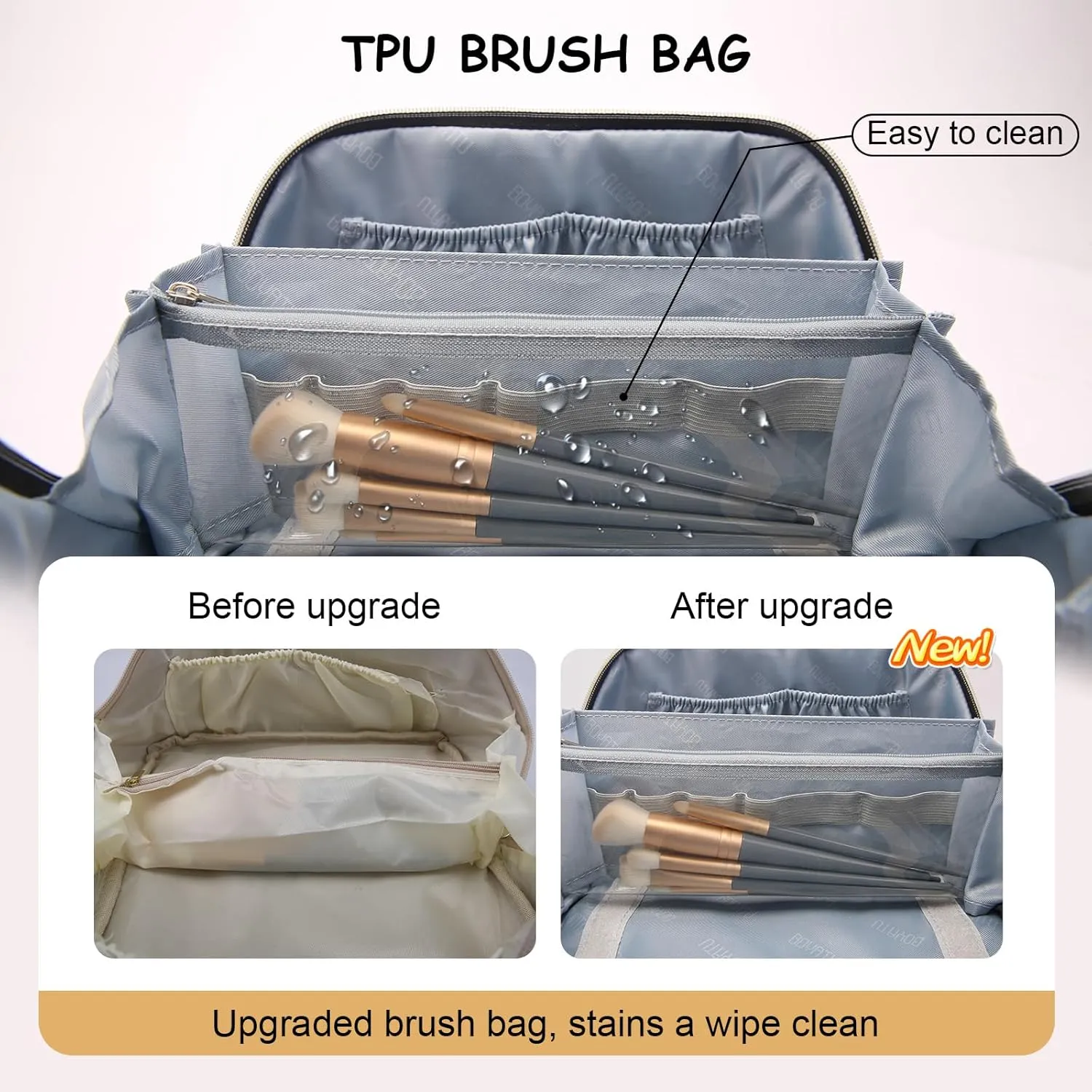 BOYATU Travel Makeup Bags Cosmetic Organizer Bag: 3-Set Large Capacity Make up Bag - PU Leather Toiletry Bags for Women - Wide Open Portable Pouch with Divider & Handle (07-Gold)