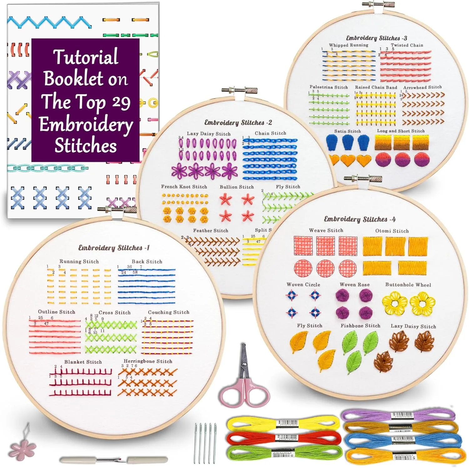 Bradove Classic Embroidery Stitches Practice Kit, Embroidery Kit for Beginners with Stamped Embroidery Patterns, Beginner Embroidery Kit for Adults, Hand Embroidery Kit for Kids, Stitches Kit