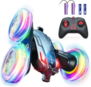 BROADREAM Stocking Stuffers for Kids, Double Sided 360°Rotating 4WD RC Cars with Headlights, Dynamic Music, Toys for Boys Girls