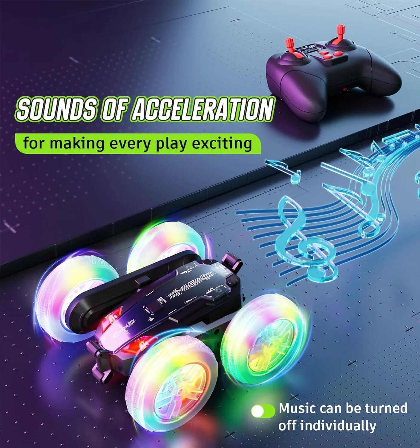 BROADREAM Stocking Stuffers for Kids, Double Sided 360°Rotating 4WD RC Cars with Headlights, Dynamic Music, Toys for Boys Girls