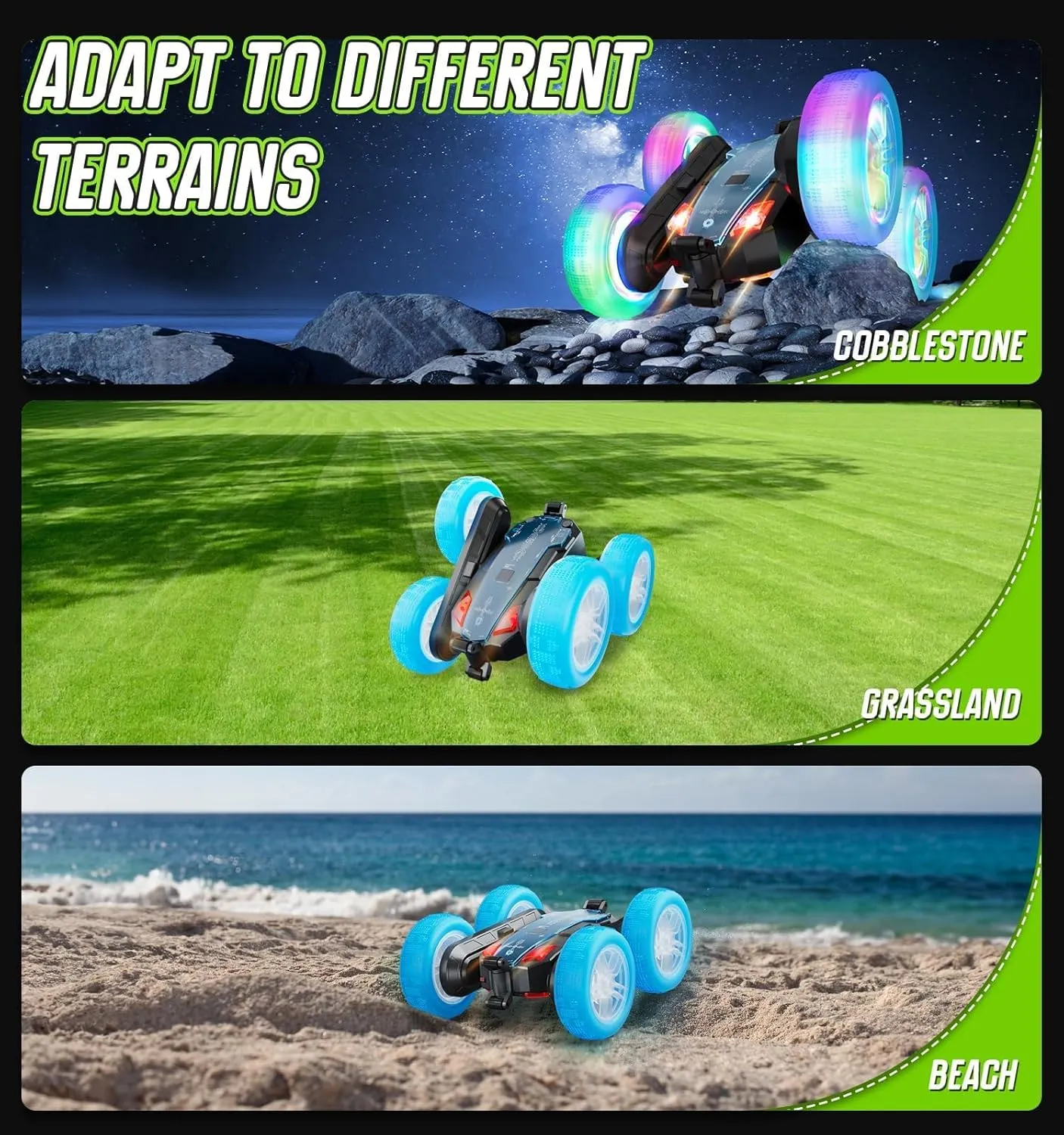BROADREAM Stocking Stuffers for Kids, Double Sided 360°Rotating 4WD RC Cars with Headlights, Dynamic Music, Toys for Boys Girls