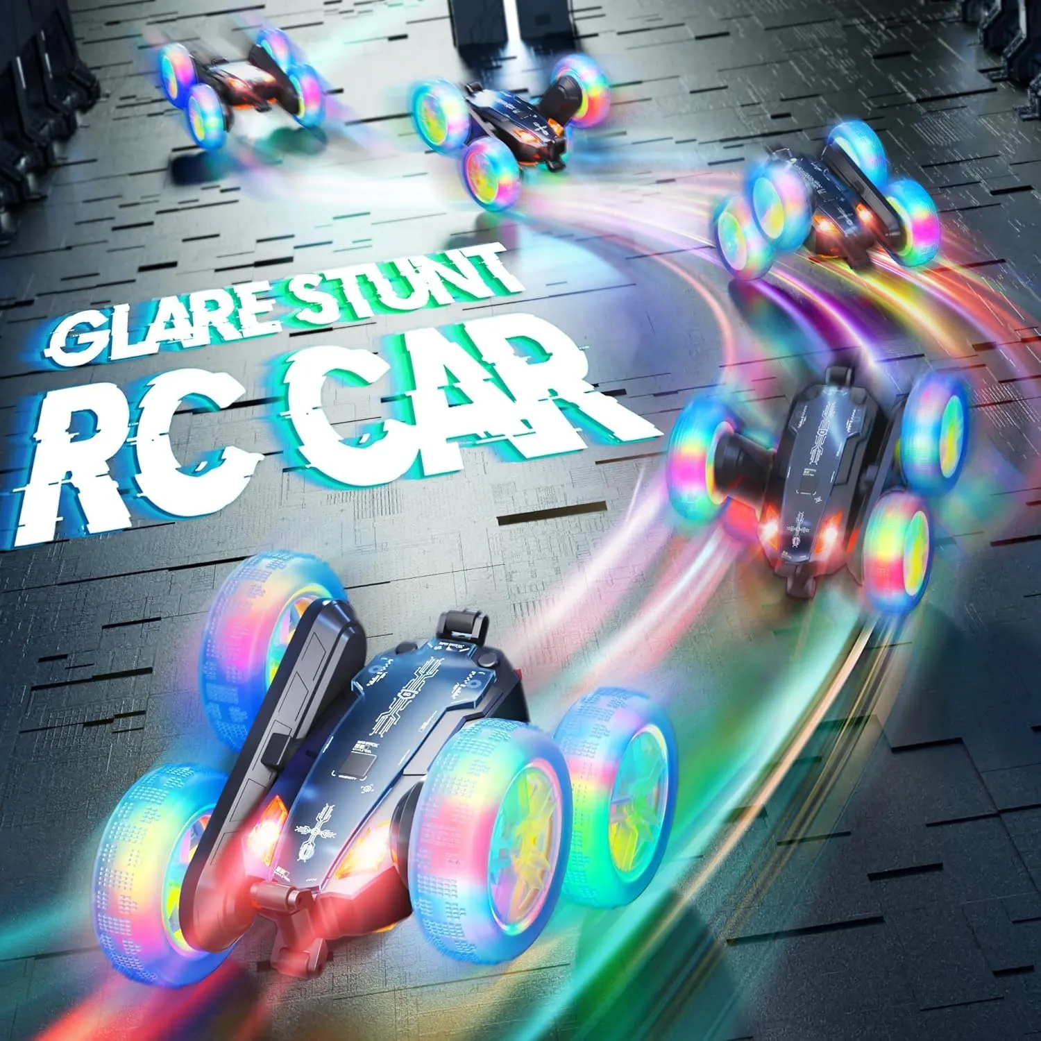 BROADREAM Stocking Stuffers for Kids, Double Sided 360°Rotating 4WD RC Cars with Headlights, Dynamic Music, Toys for Boys Girls