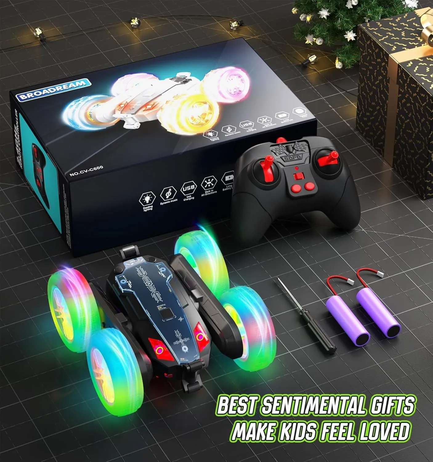 BROADREAM Stocking Stuffers for Kids, Double Sided 360°Rotating 4WD RC Cars with Headlights, Dynamic Music, Toys for Boys Girls