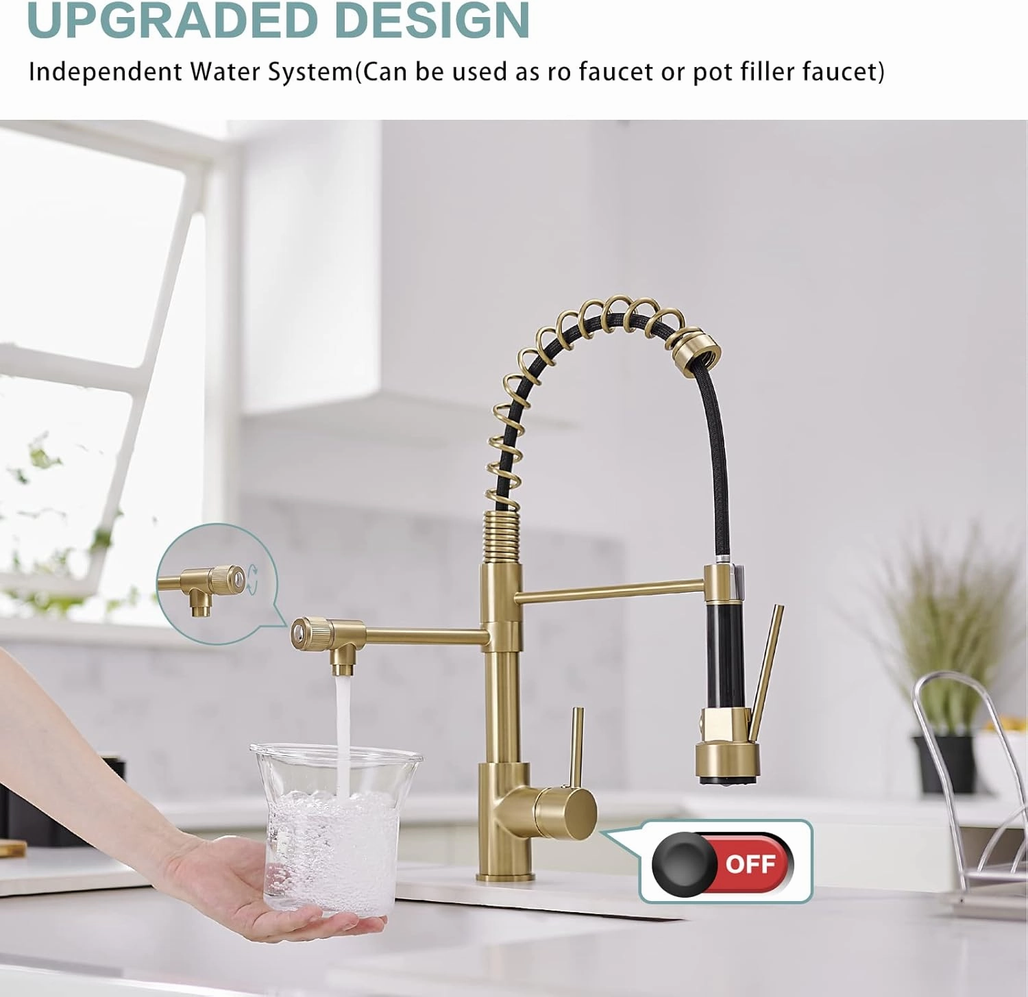 Brushed Gold Kitchen Faucet with Pull Down Sprayer, Single Handle Commercial Brass Kitchen Sink Faucets with 3 Way Drinking Kitchen Faucet, for Water Filtration System or Pot Filler Faucet in Gold