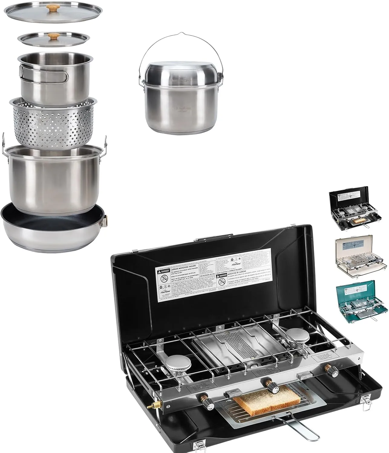 Camping Cookware Set 304 Stainless Steel Campfire Cooking Pots Pan and Kettle with Camping Stove 3 Burner 20400 BTU Propane Portable Stove