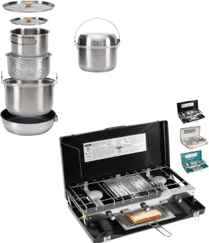 Camping Cookware Set 304 Stainless Steel Campfire Cooking Pots Pan and Kettle with Camping Stove 3 Burner 20400 BTU Propane Portable Stove