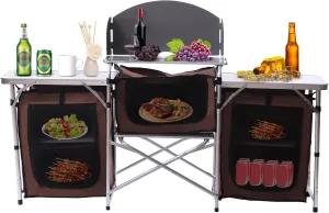 Camping Kitchen Table, Aluminum Portable Outdoor Cooking Table Foldable Camp Table with Windscreen and 3 Storage Cupboards Multifunctional for BBQ, Party, Picnics and Outdoor Activities
