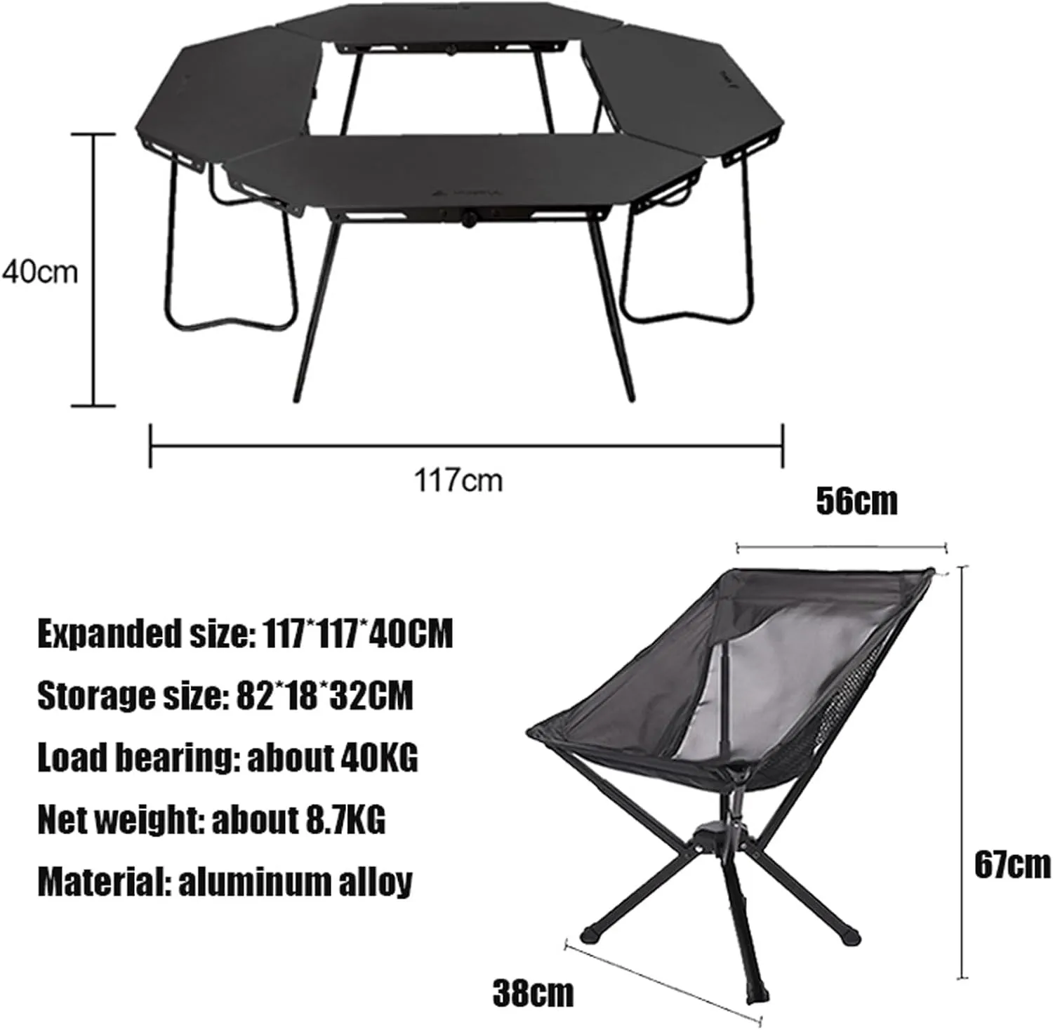 Camping Splicing Table Set with Chairs, Outdoor Camping Folding Table Chair Set Portable Beach Table Foldable Chiars for Camping, Picnic, Travel, RV, Black-aluminum Alloy