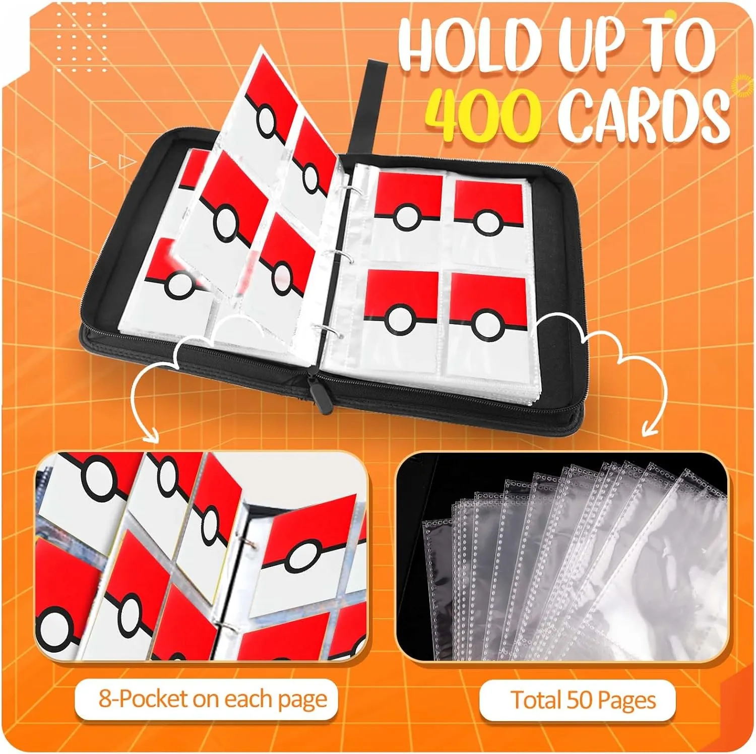 Card Binder 4 Pocket, Trading Card Holder Fits 400 Cards With 50 Removable Sleeves, Portable Collection Card Ablum, Game Card Case book With Zipper for Gift, Red
