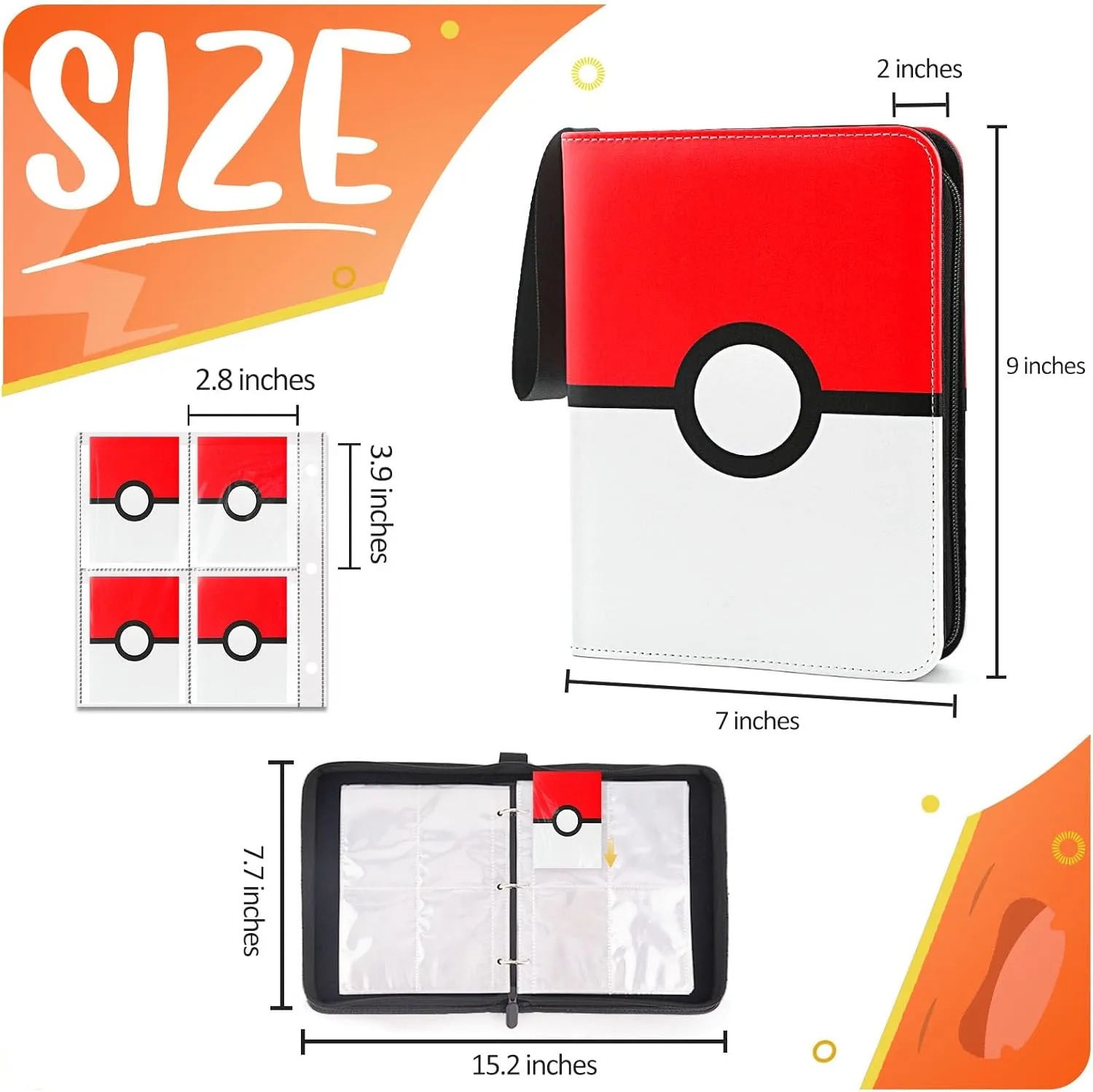 Card Binder 4 Pocket, Trading Card Holder Fits 400 Cards With 50 Removable Sleeves, Portable Collection Card Ablum, Game Card Case book With Zipper for Gift, Red