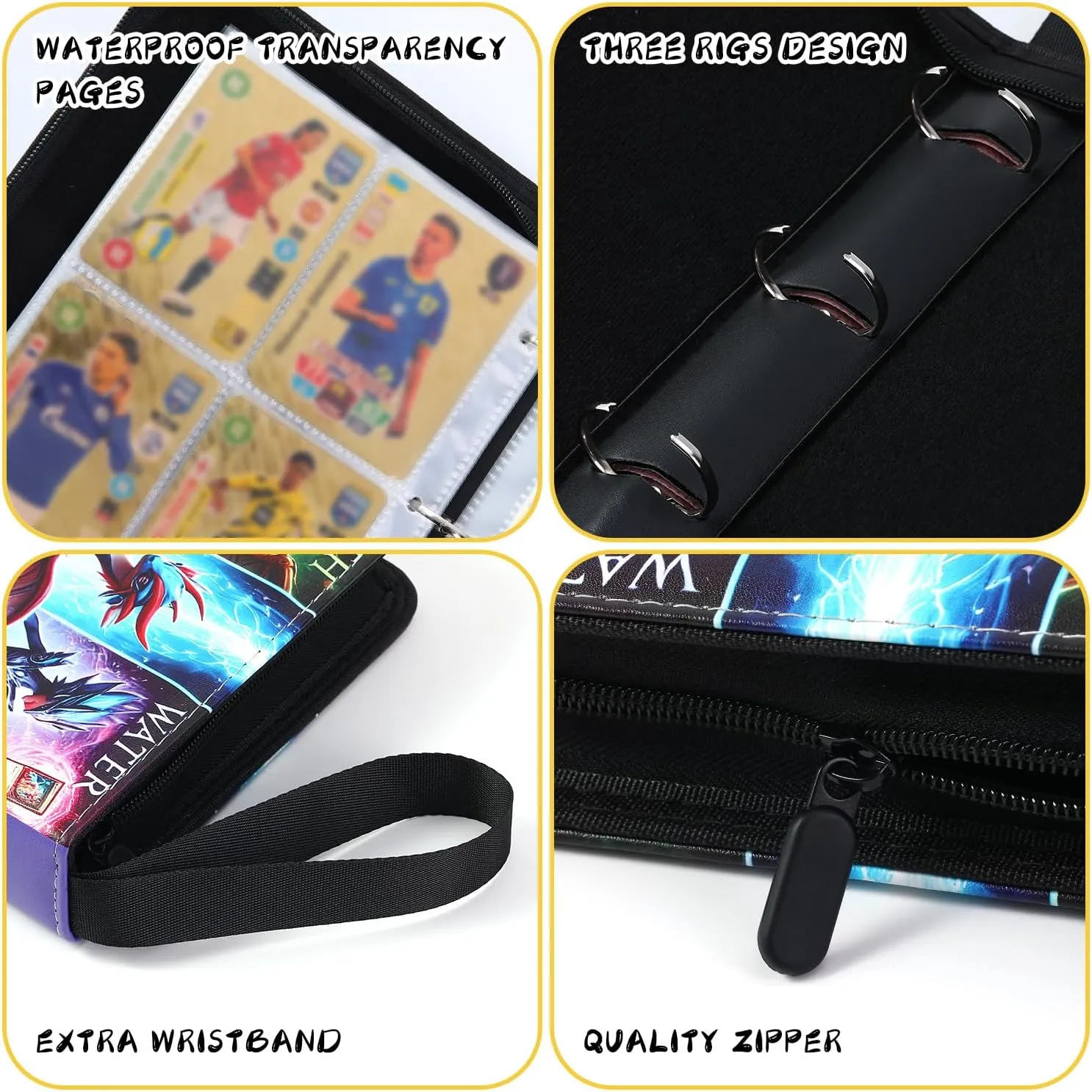 Card Binder for Trading Cards, 4 Pocket Holder Album, Holds 400 Cards, 50 Removable Sleeves, Zippered Storage Case for Collectible Cards and TCG Collection