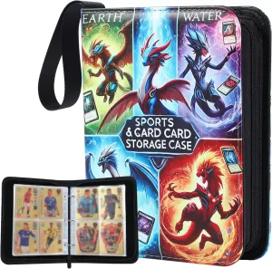 Card Binder for Trading Cards, 4 Pocket Holder Album, Holds 400 Cards, 50 Removable Sleeves, Zippered Storage Case for Collectible Cards and TCG Collection