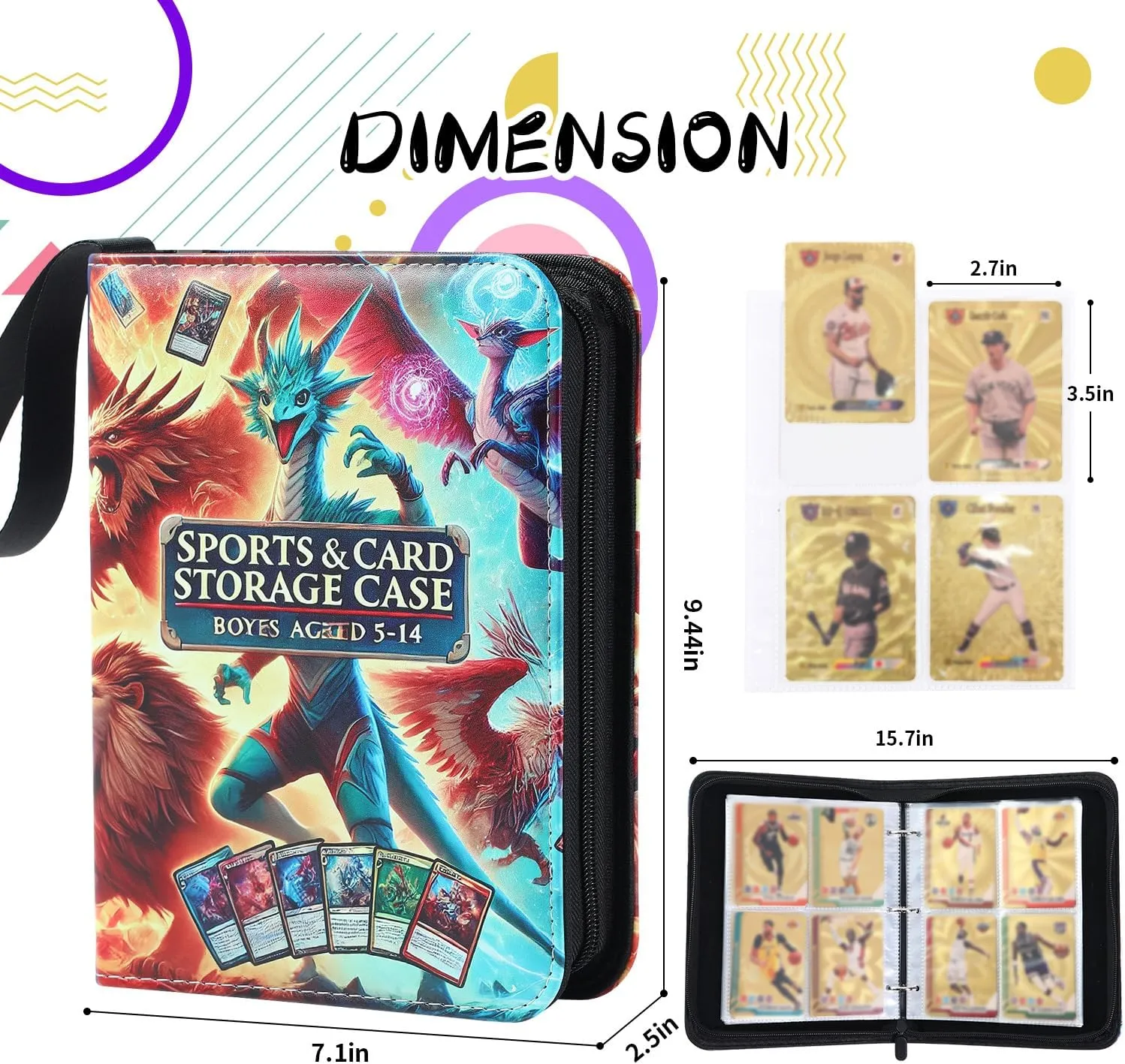 Card Binder for Trading Cards, 4 Pocket Holder Album, Holds 400 Cards, 50 Removable Sleeves, Zippered Storage Case for Collectible Cards and TCG Collection