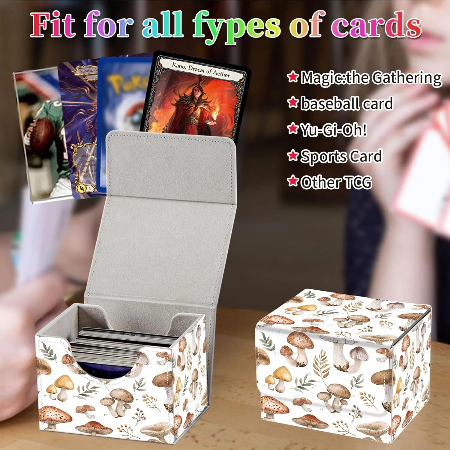 Card Deck Box for MTG, Fits 100  Single Sleeved Cards, PU Leather Trading Card Storage Box for TCG, CCG, MTG Cards, Strong Magnet Magic Gathering Deck Box, White Mushroom