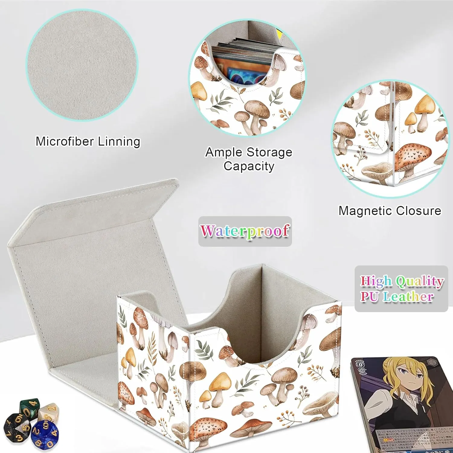 Card Deck Box for MTG, Fits 100  Single Sleeved Cards, PU Leather Trading Card Storage Box for TCG, CCG, MTG Cards, Strong Magnet Magic Gathering Deck Box, White Mushroom