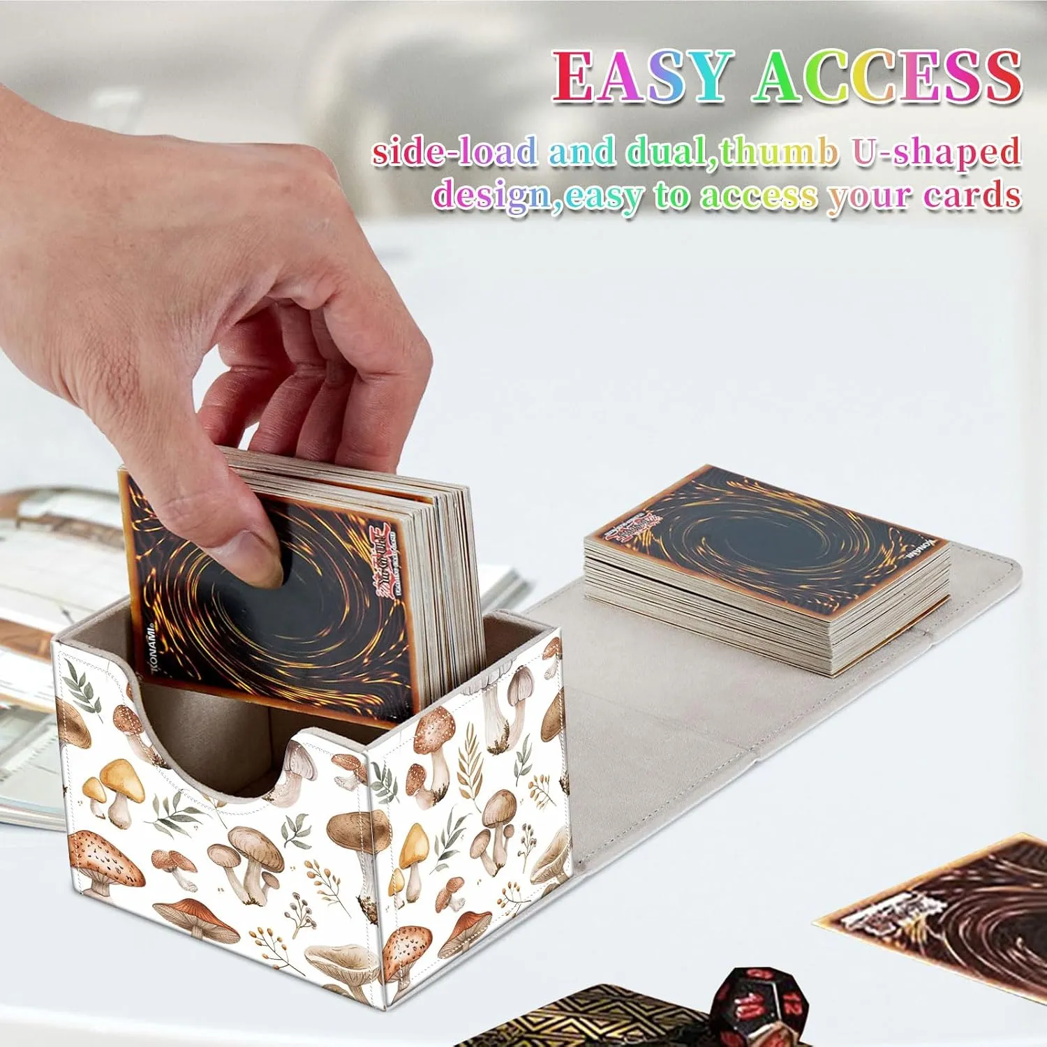 Card Deck Box for MTG, Fits 100  Single Sleeved Cards, PU Leather Trading Card Storage Box for TCG, CCG, MTG Cards, Strong Magnet Magic Gathering Deck Box, White Mushroom