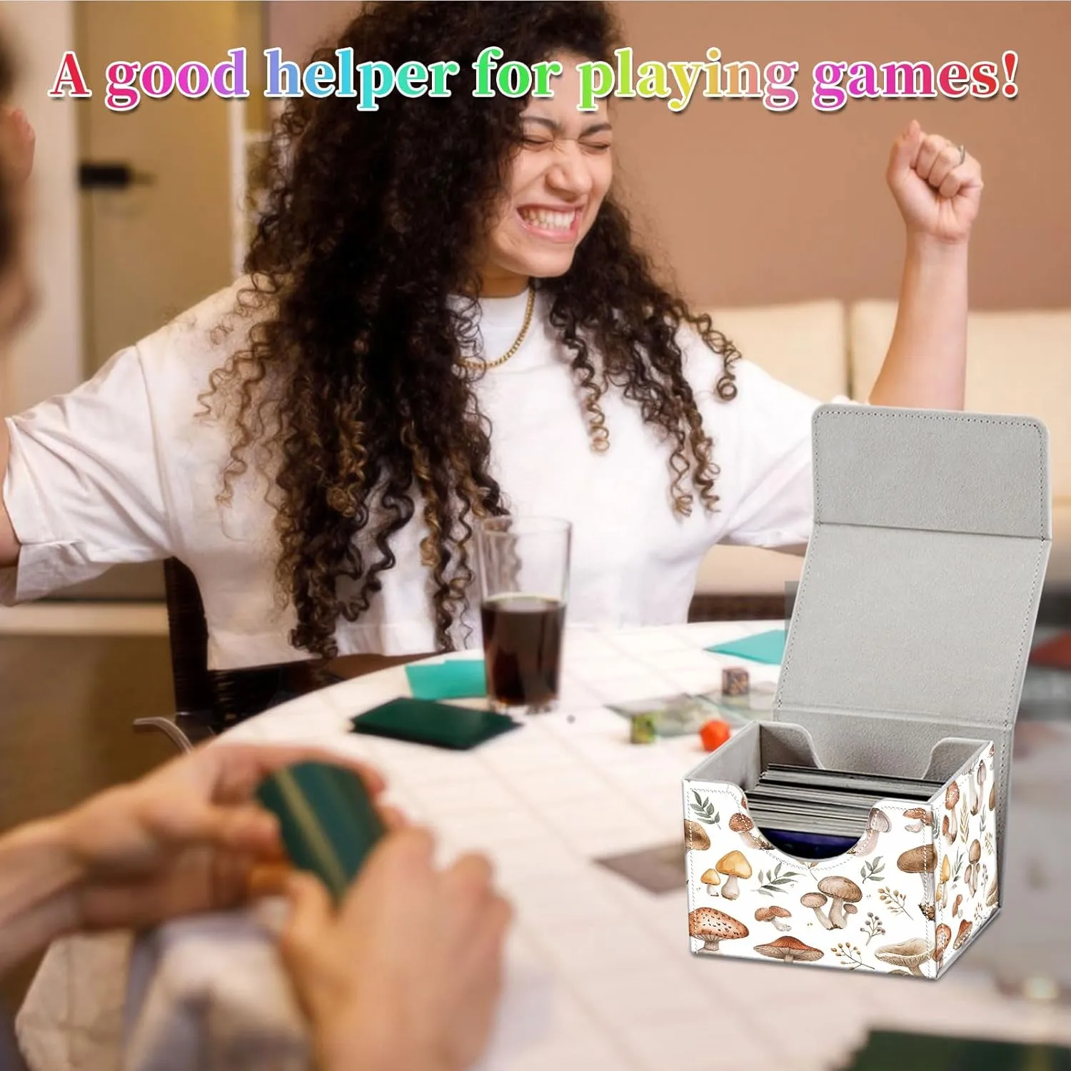Card Deck Box for MTG, Fits 100  Single Sleeved Cards, PU Leather Trading Card Storage Box for TCG, CCG, MTG Cards, Strong Magnet Magic Gathering Deck Box, White Mushroom