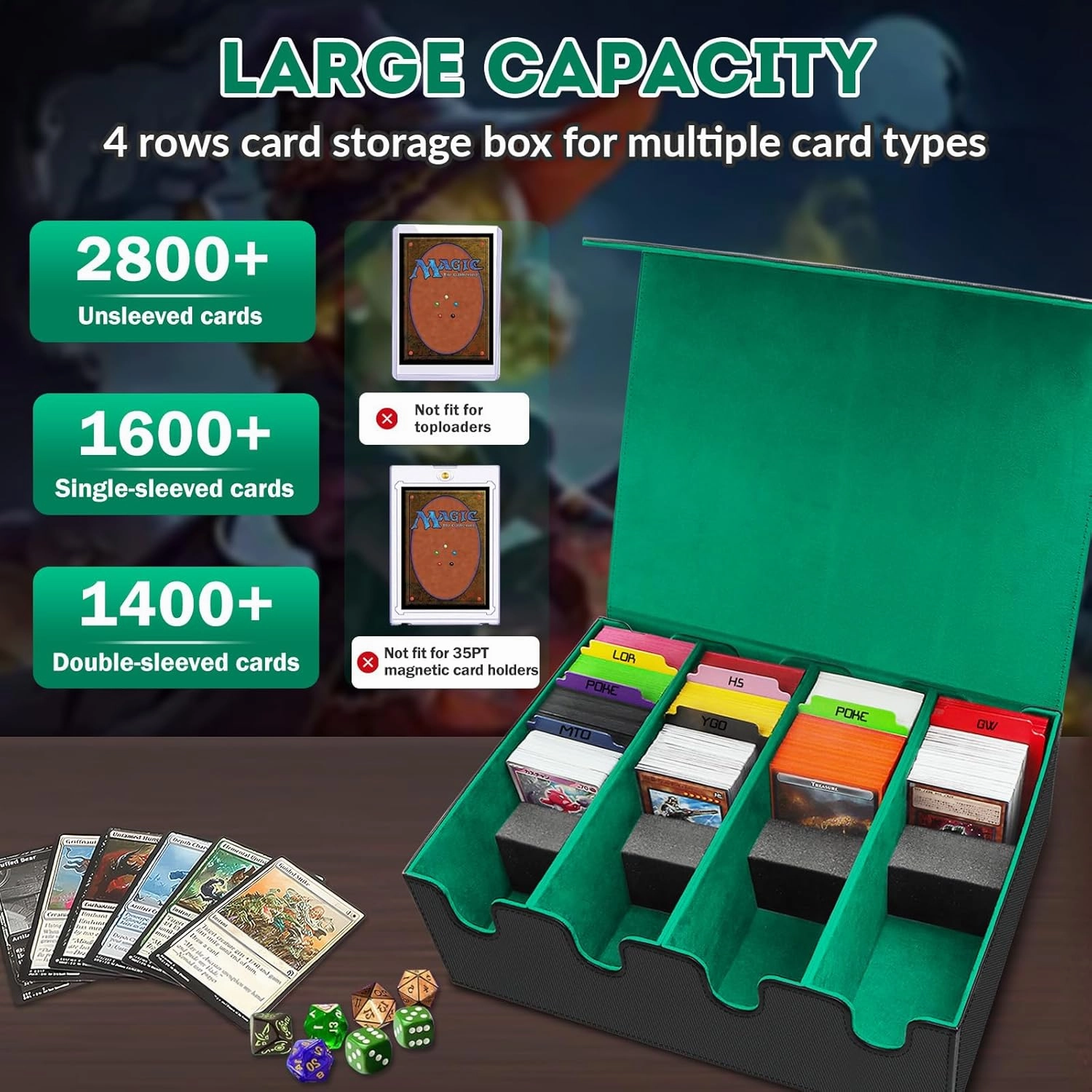 Card Storage Box - 2800  Deck Case with PU Leather, Magnetic Closure, 10 Dividers & 4 Stoppers, Suitable for MTG, YuGiOh, Sports Cards