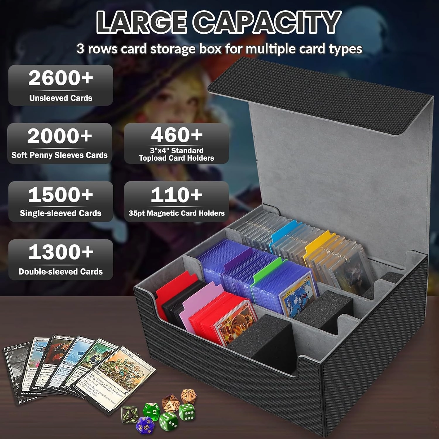 Card Storage Box for Trading Cards, 2600  Commander Deck Box, Storage Box Fits Toploader and One-Touch, Card Organizer for TCG, MTG, Sports Cards, with Card Dividers & Stoppers