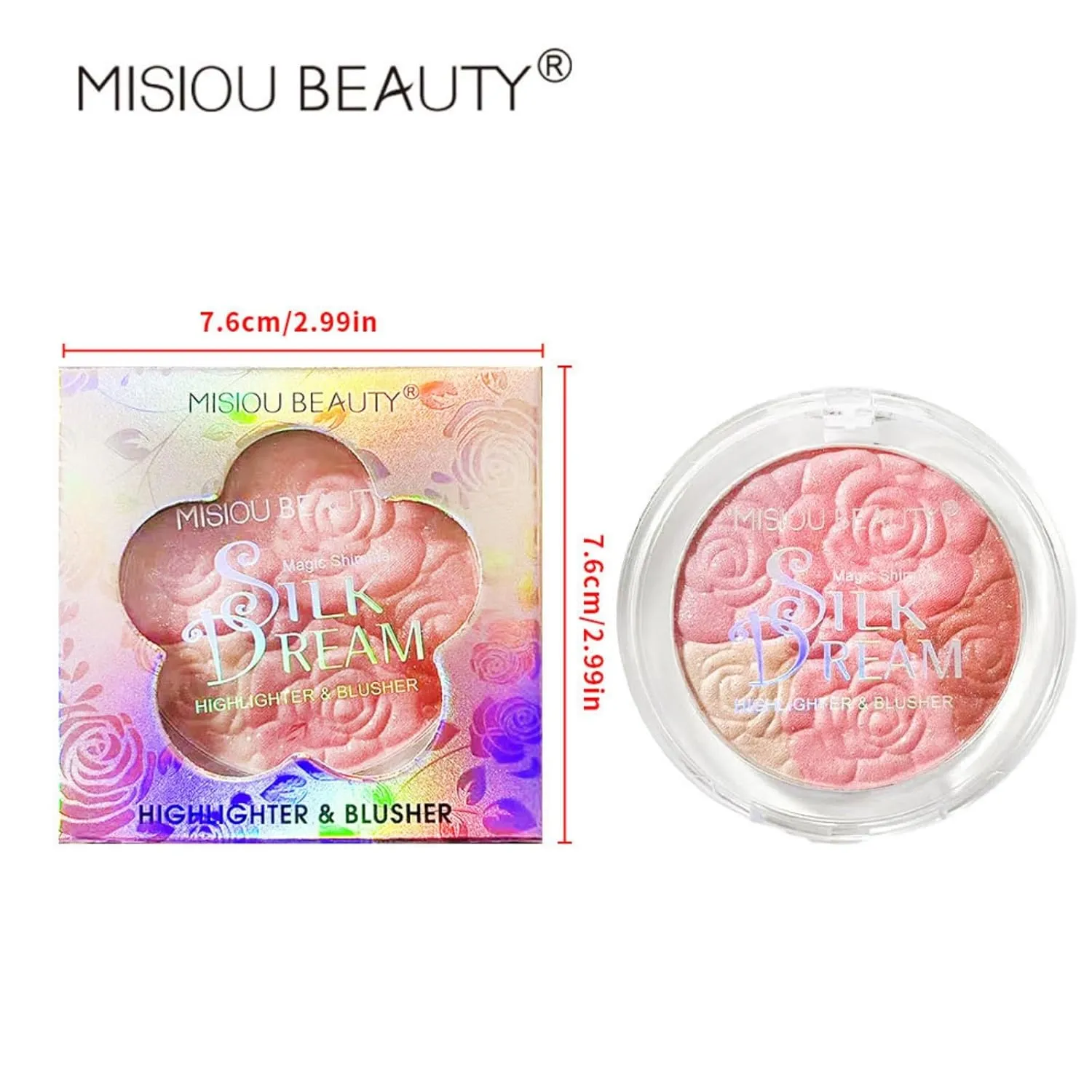 Carved Rose Blush & Highlighter Palette - Pressed Powder with Floral Embossing, Monochromatic Shimmer for Cheeks & Eyes, Vegan & Cruelty-Free (#01, Rose Blush)