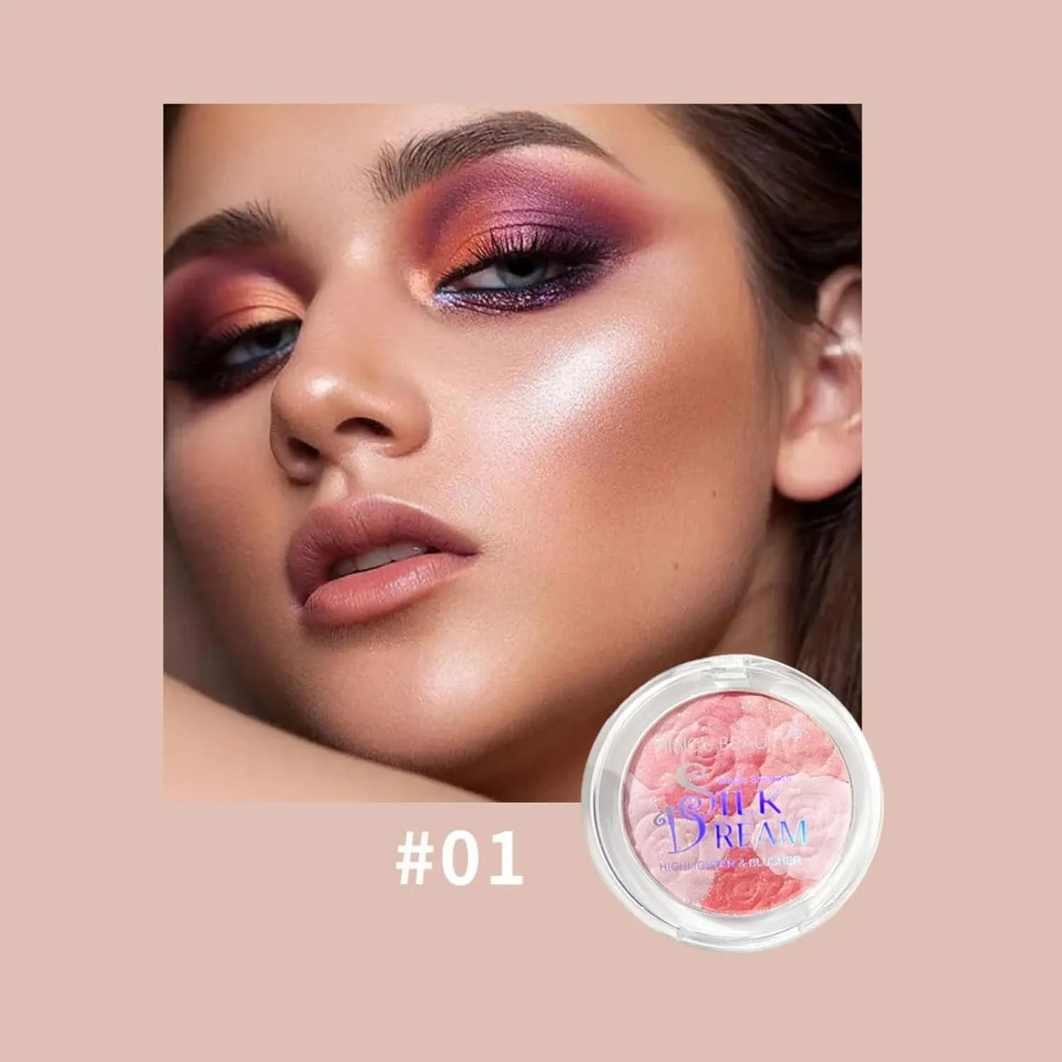 Carved Rose Blush & Highlighter Palette - Pressed Powder with Floral Embossing, Monochromatic Shimmer for Cheeks & Eyes, Vegan & Cruelty-Free (#01, Rose Blush)
