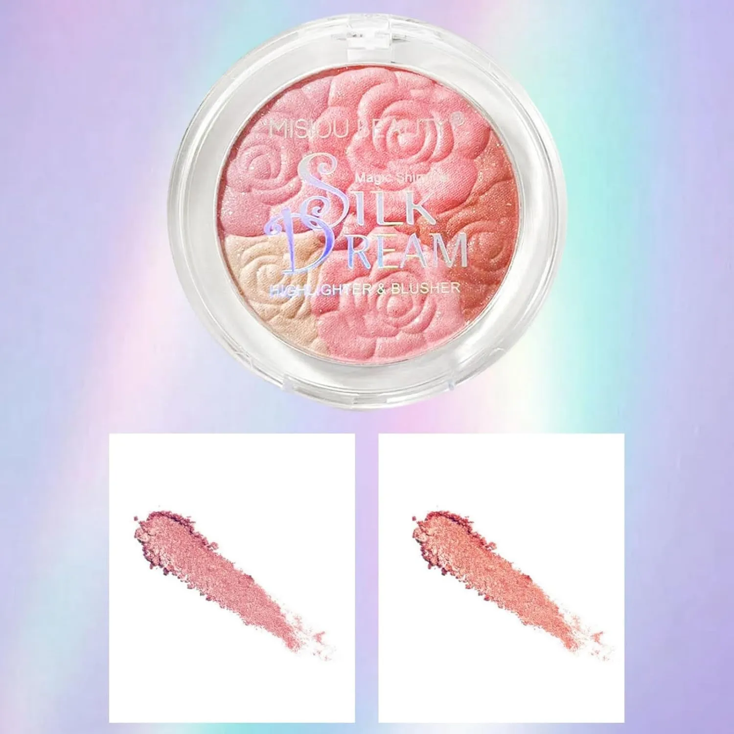 Carved Rose Blush & Highlighter Palette - Pressed Powder with Floral Embossing, Monochromatic Shimmer for Cheeks & Eyes, Vegan & Cruelty-Free (#01, Rose Blush)