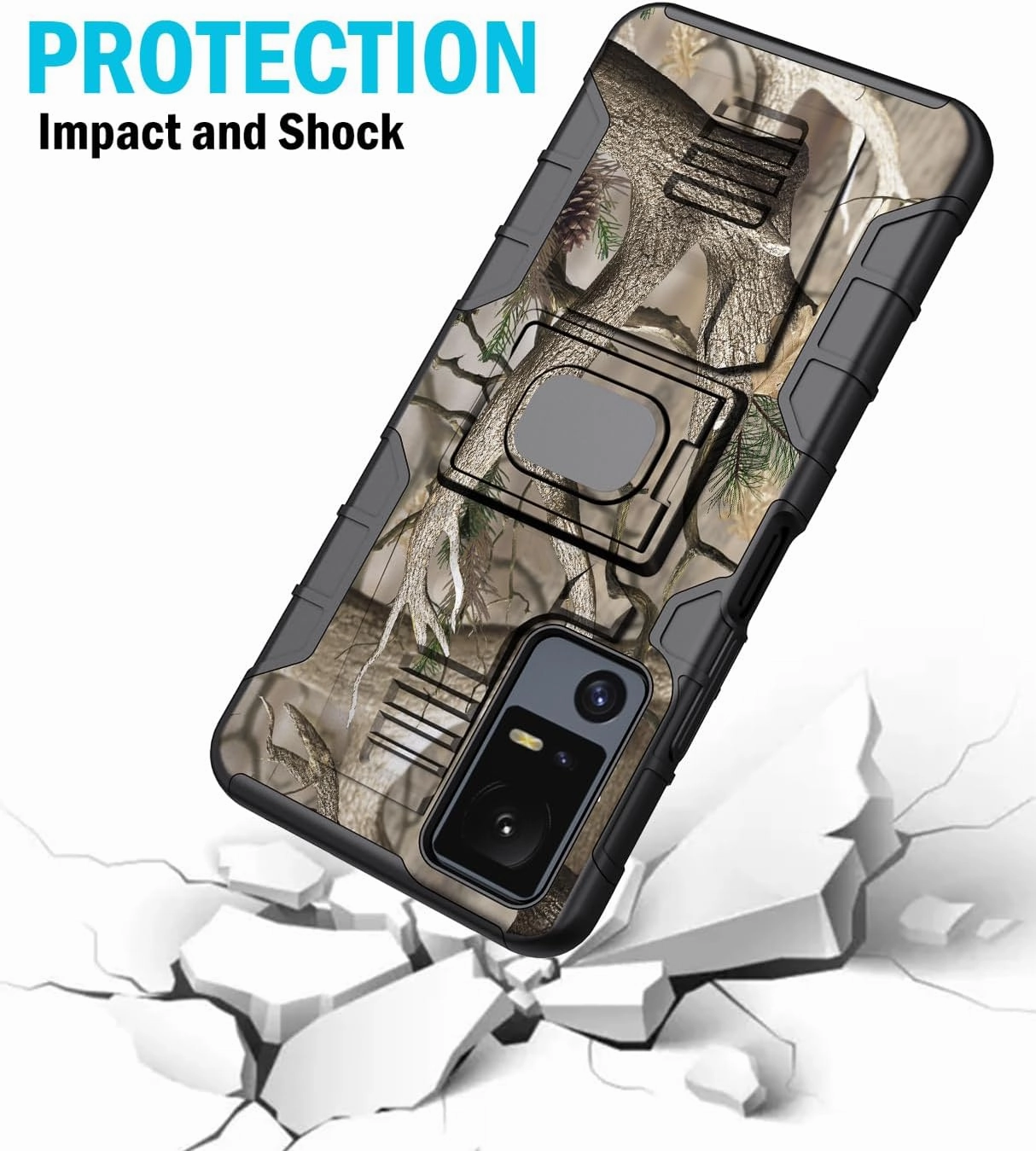 Case with Clip for Jitterbug Smart4 / TCL 40XL, Nakedcellphone Rugged Ring Grip Cover with Stand and [Belt Hip Holster] for Lively Smart 4 Phone (2023, T608G) - Outdoor Camo Tree Design