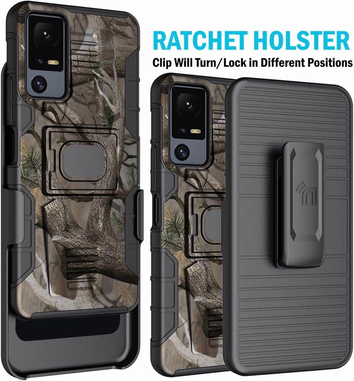 Case with Clip for Jitterbug Smart4 / TCL 40XL, Nakedcellphone Rugged Ring Grip Cover with Stand and [Belt Hip Holster] for Lively Smart 4 Phone (2023, T608G) - Outdoor Camo Tree Design