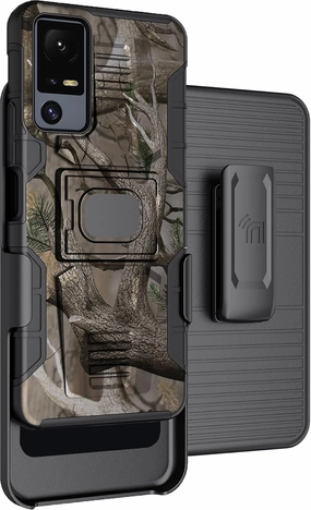 Case with Clip for Jitterbug Smart4 / TCL 40XL, Nakedcellphone Rugged Ring Grip Cover with Stand and [Belt Hip Holster] for Lively Smart 4 Phone (2023, T608G) - Outdoor Camo Tree Design